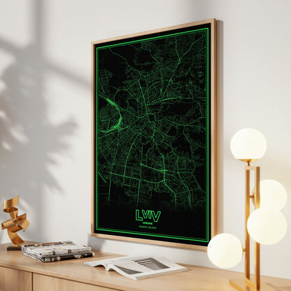Lviv Phosphor Map Poster - Phosphor Green