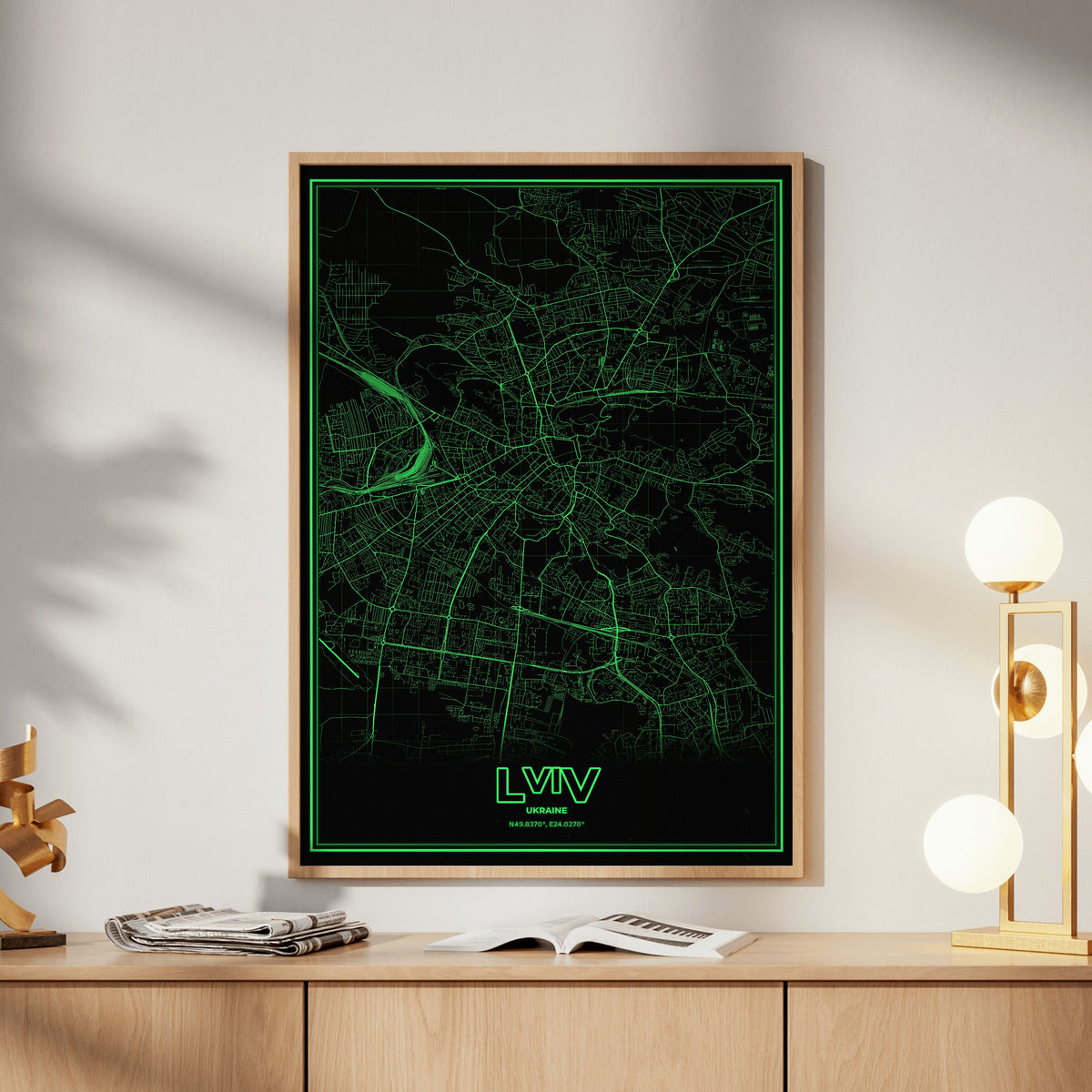 Lviv Phosphor Map Poster - Phosphor Green