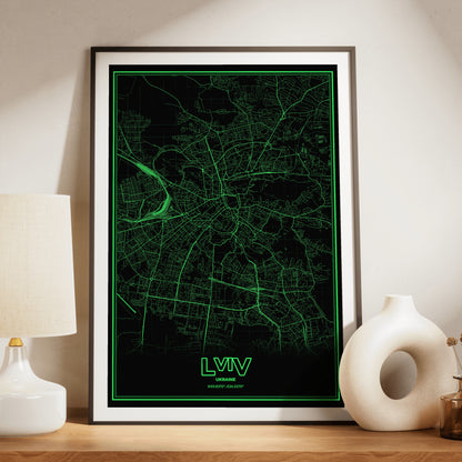Lviv Phosphor Map Poster - Phosphor Green