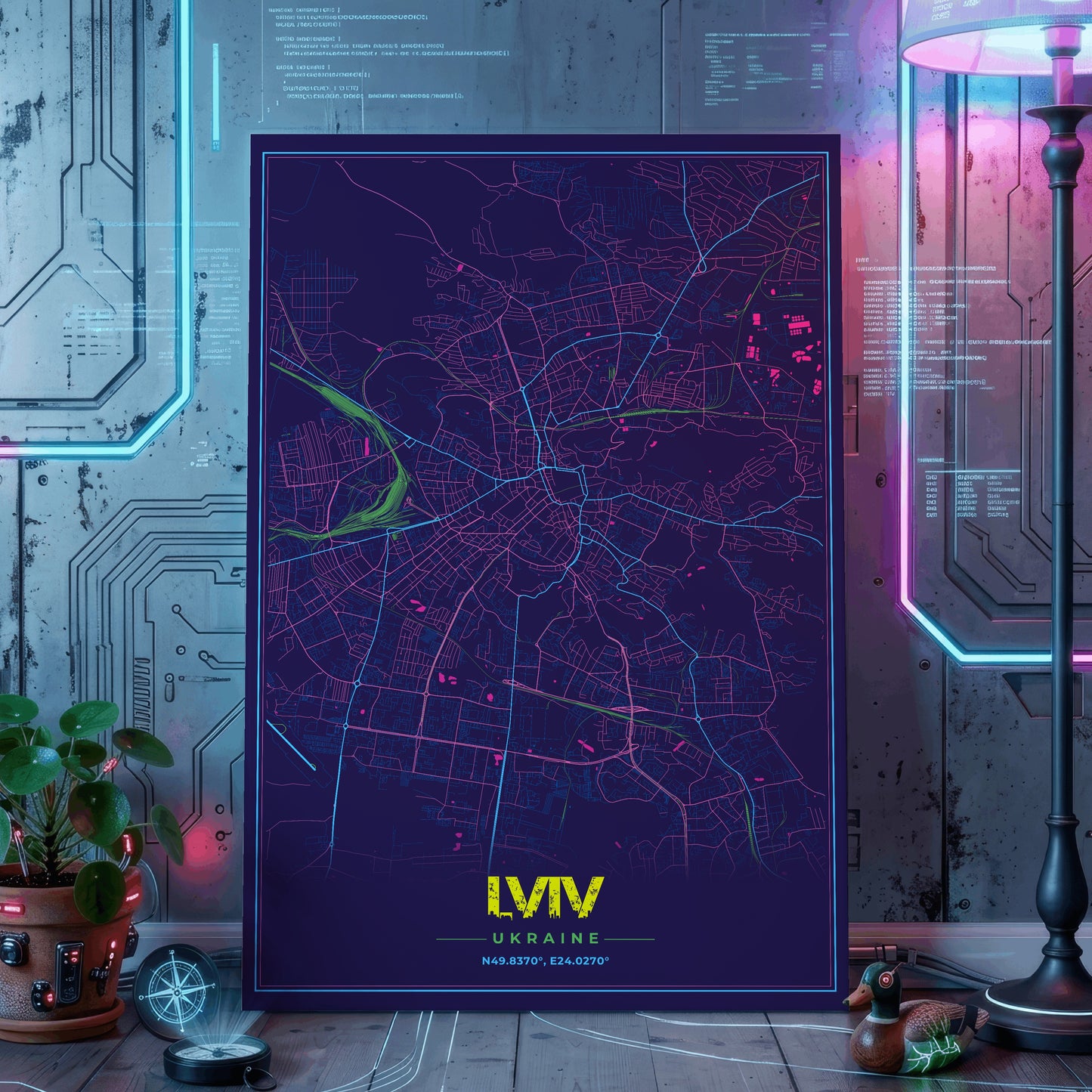 Lviv Cyberpunk Map Poster