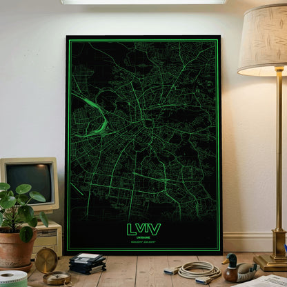 Lviv Phosphor Map Poster - Phosphor Green