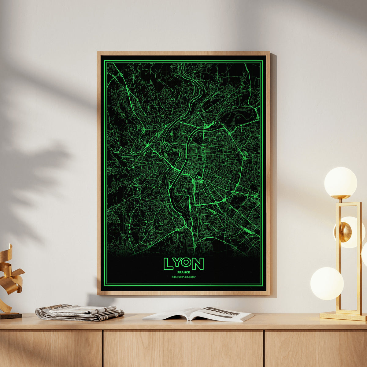 Lyon Phosphor Map Poster - Phosphor Green