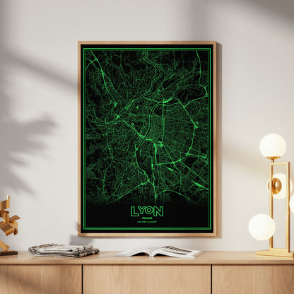 Lyon Phosphor Map Poster - Phosphor Green