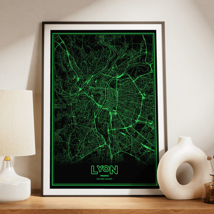 Lyon Phosphor Map Poster - Phosphor Green