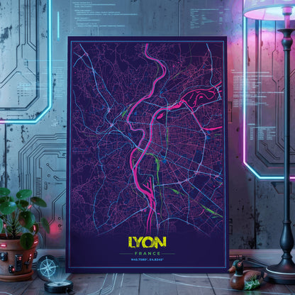 Lyon Cyberpunk Map Poster