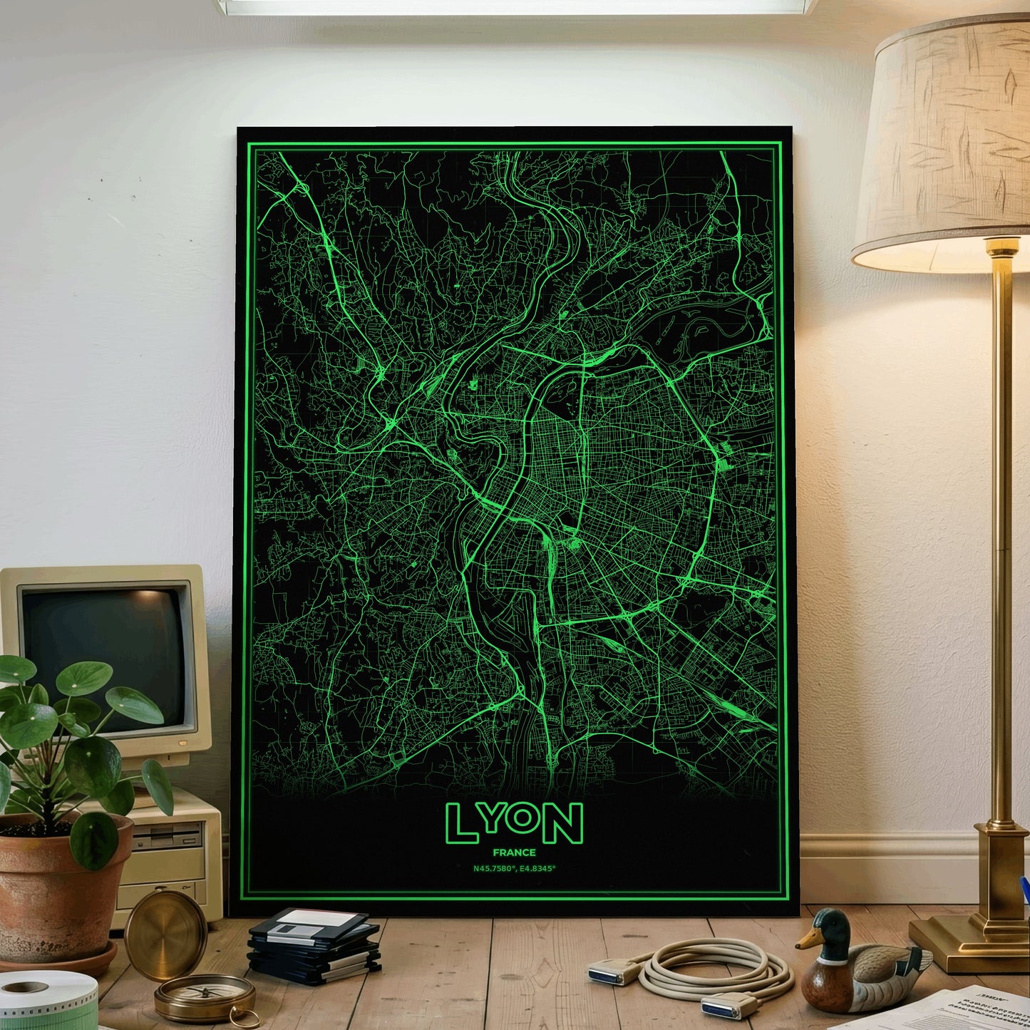 Lyon Phosphor Map Poster - Phosphor Green