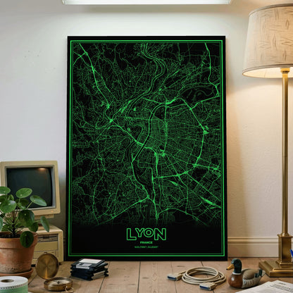 Lyon Phosphor Map Poster - Phosphor Green
