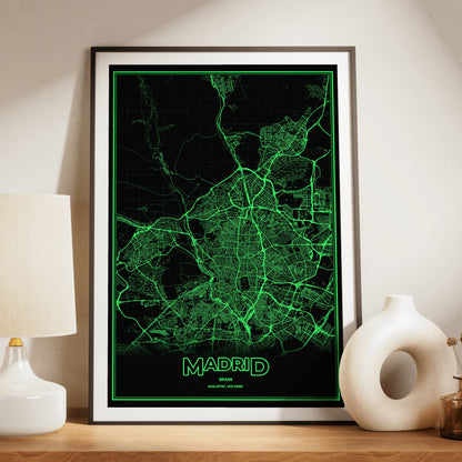 Madrid Phosphor Map Poster - Phosphor Green