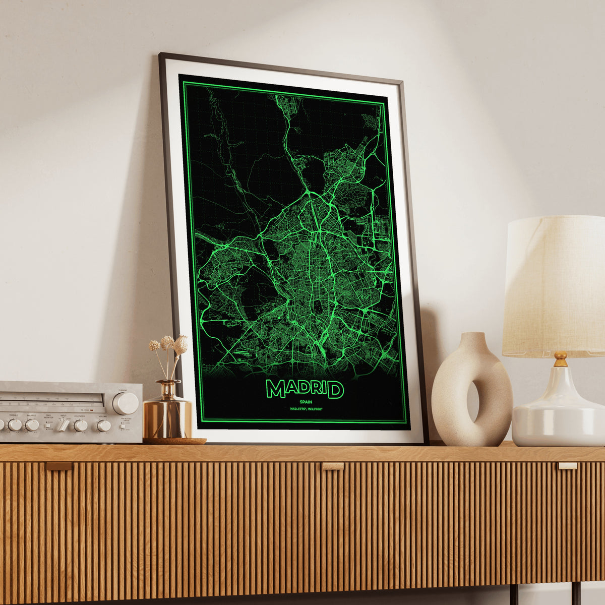 Madrid Phosphor Map Poster - Phosphor Green