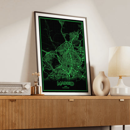 Madrid Phosphor Map Poster - Phosphor Green