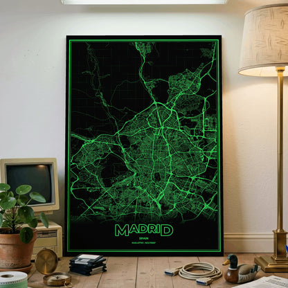 Madrid Phosphor Map Poster - Phosphor Green