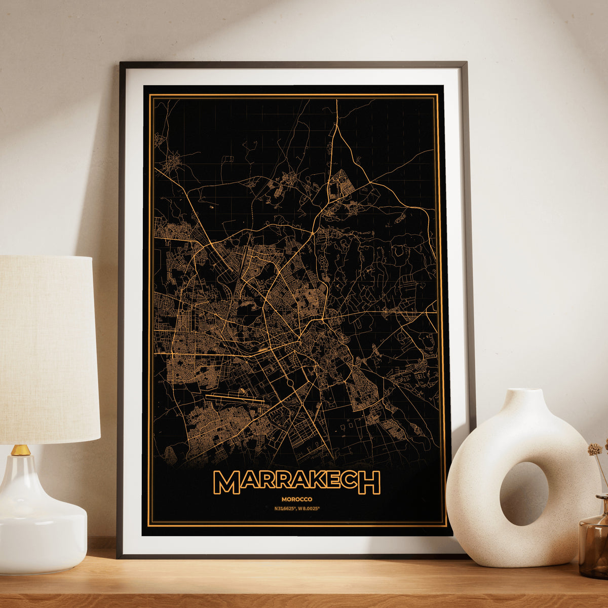 Marrakech Phosphor Map Poster - Amber CRT