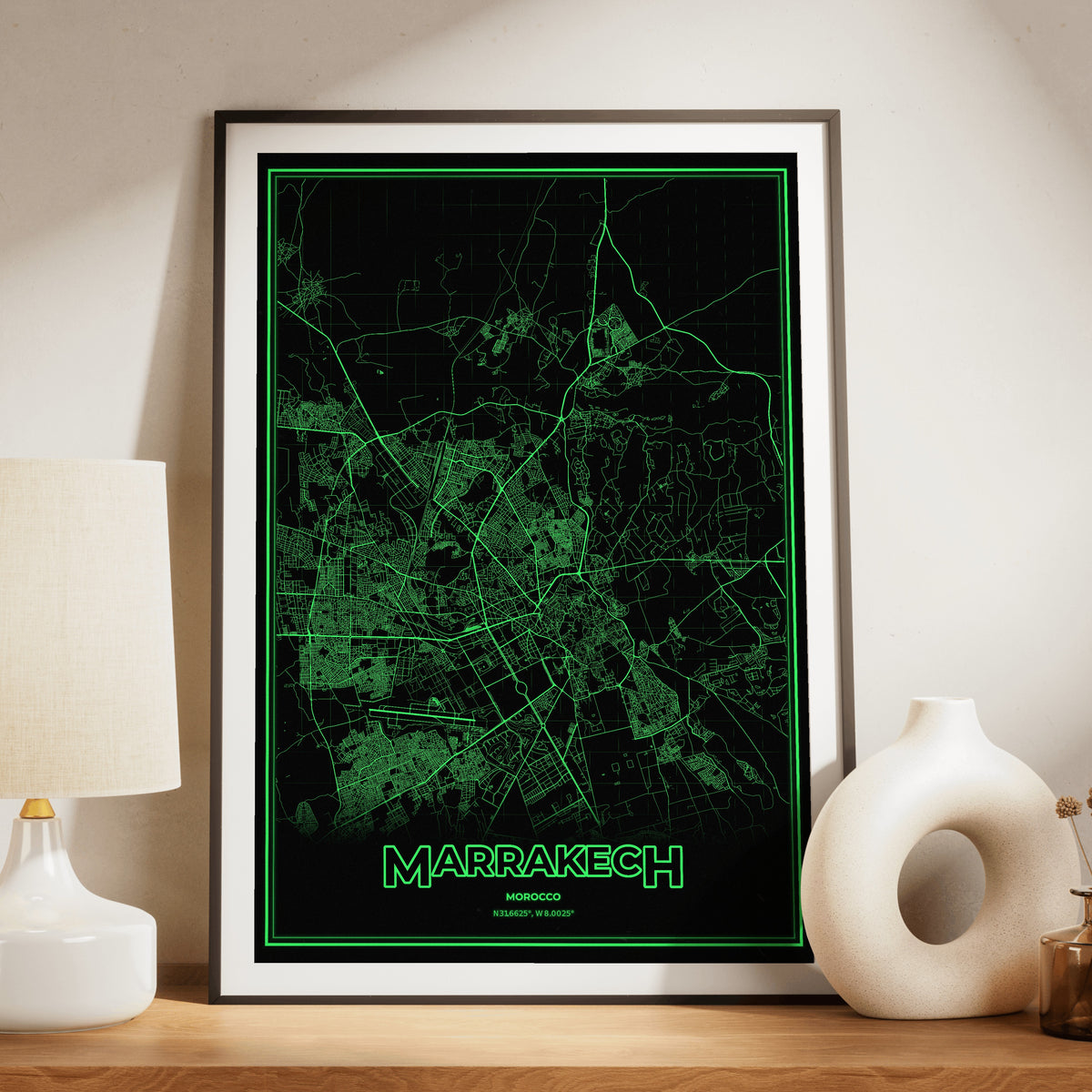 Marrakech Phosphor Map Poster - Phosphor Green
