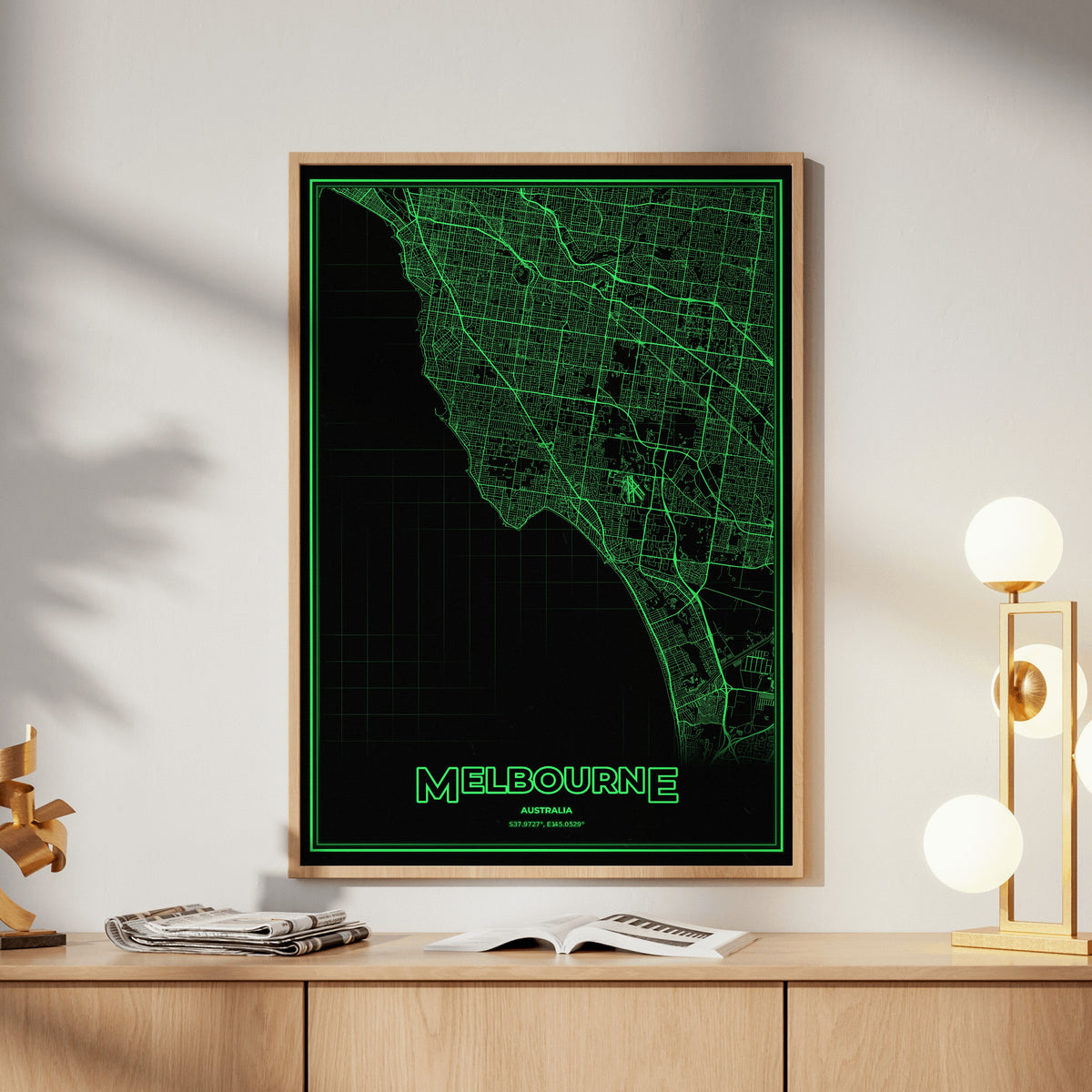 Melbourne Phosphor Map Poster - Phosphor Green