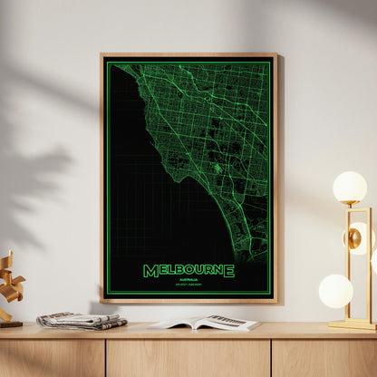 Melbourne Phosphor Map Poster - Phosphor Green
