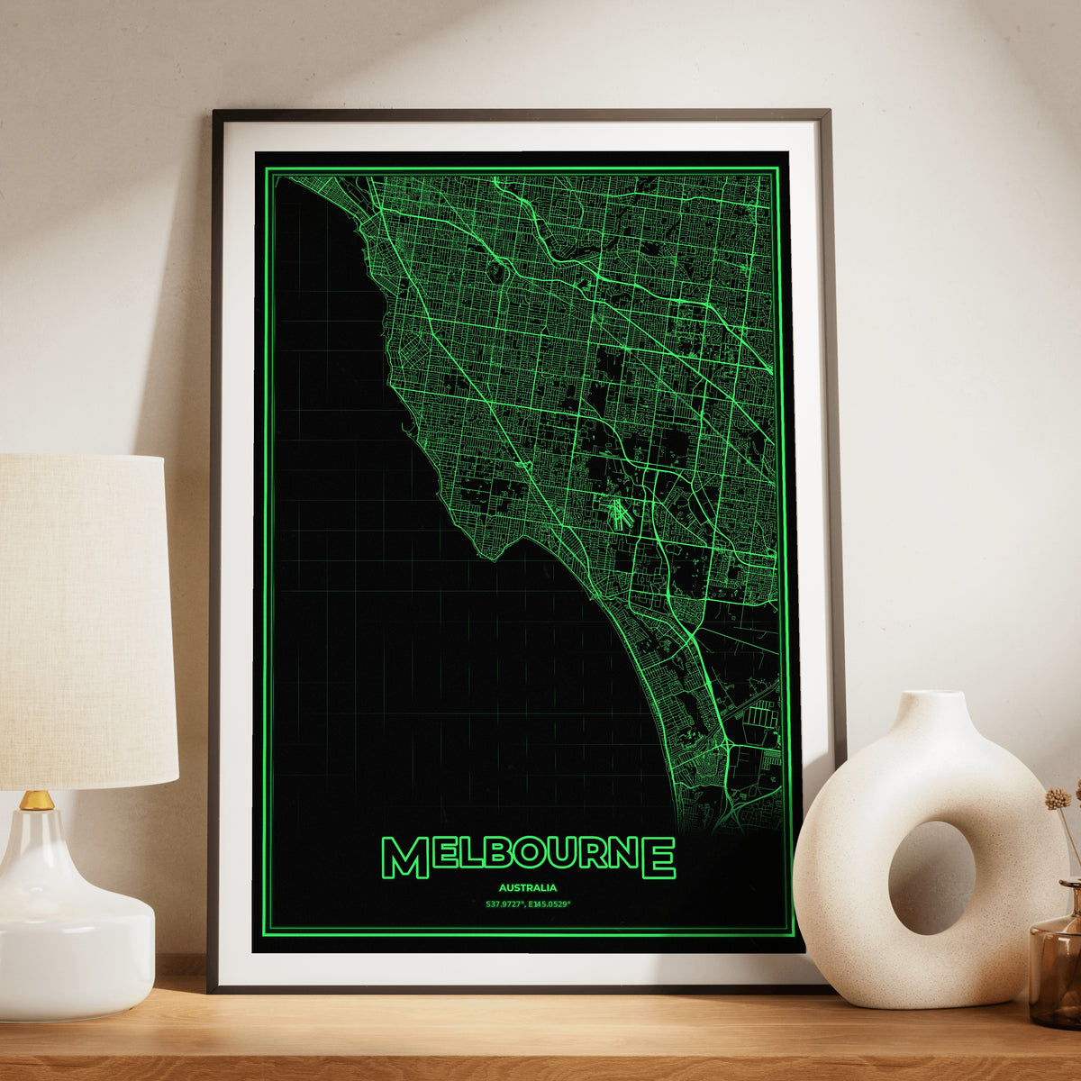 Melbourne Phosphor Map Poster - Phosphor Green