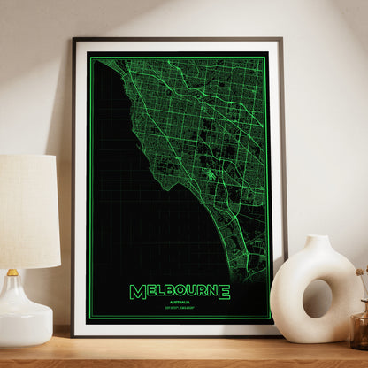 Melbourne Phosphor Map Poster - Phosphor Green