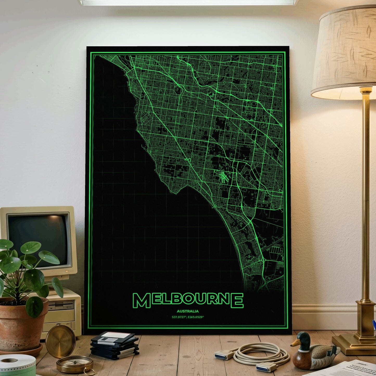 Melbourne Phosphor Map Poster - Phosphor Green