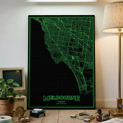 Melbourne Phosphor Map Poster - Phosphor Green