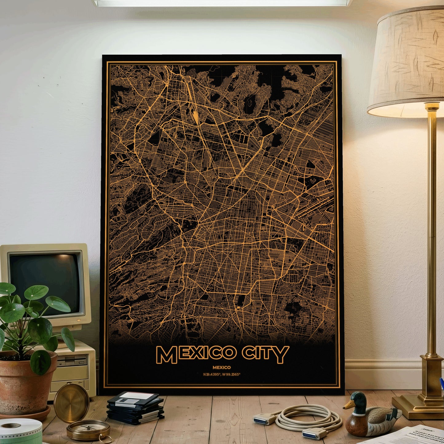 Mexico City Phosphor Map Poster - Amber CRT