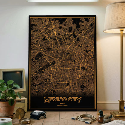 Mexico City Phosphor Map Poster - Amber CRT