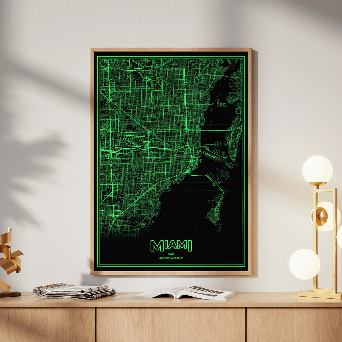 Miami Phosphor Map Poster - Phosphor Green