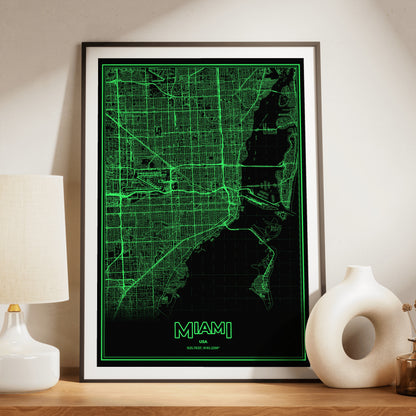 Miami Phosphor Map Poster - Phosphor Green