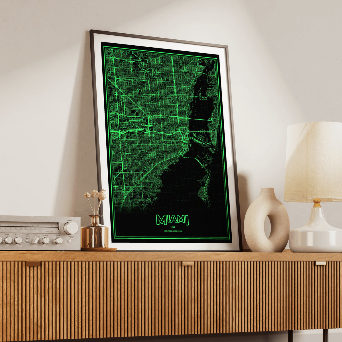 Miami Phosphor Map Poster - Phosphor Green