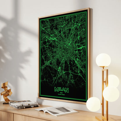 Milan Phosphor Map Poster - Phosphor Green