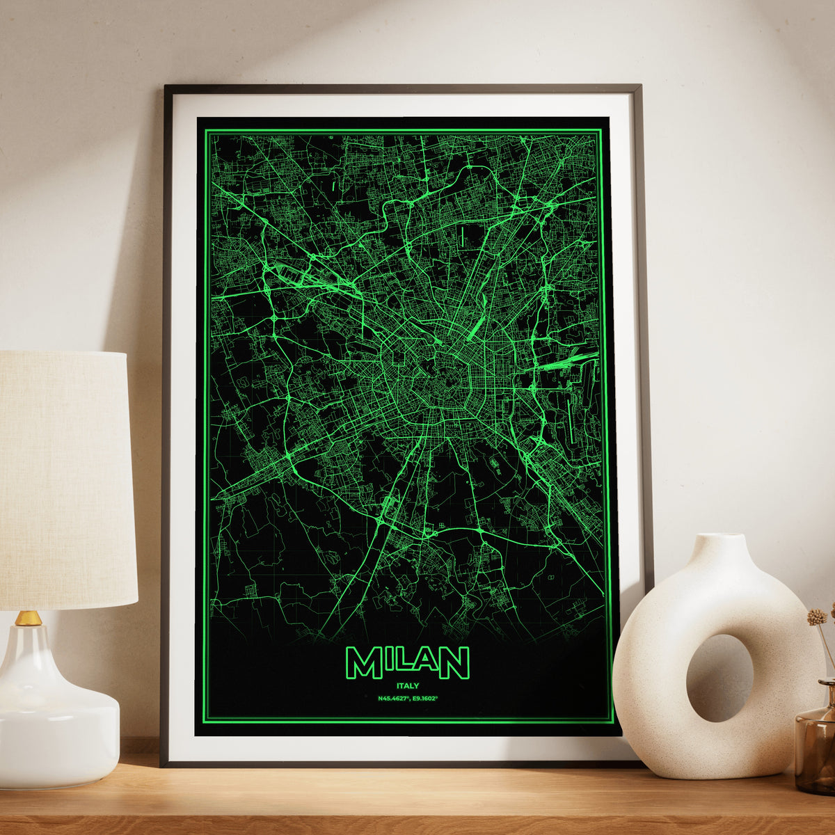 Milan Phosphor Map Poster - Phosphor Green