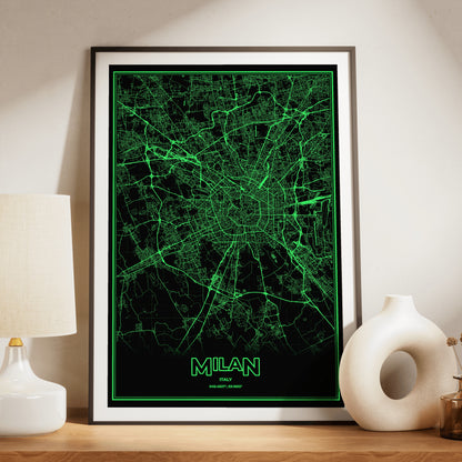 Milan Phosphor Map Poster - Phosphor Green