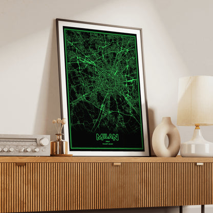 Milan Phosphor Map Poster - Phosphor Green