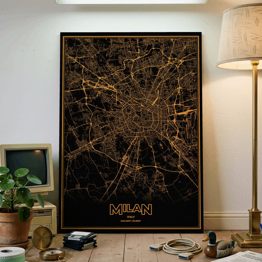Milan Phosphor Map Poster - Amber CRT