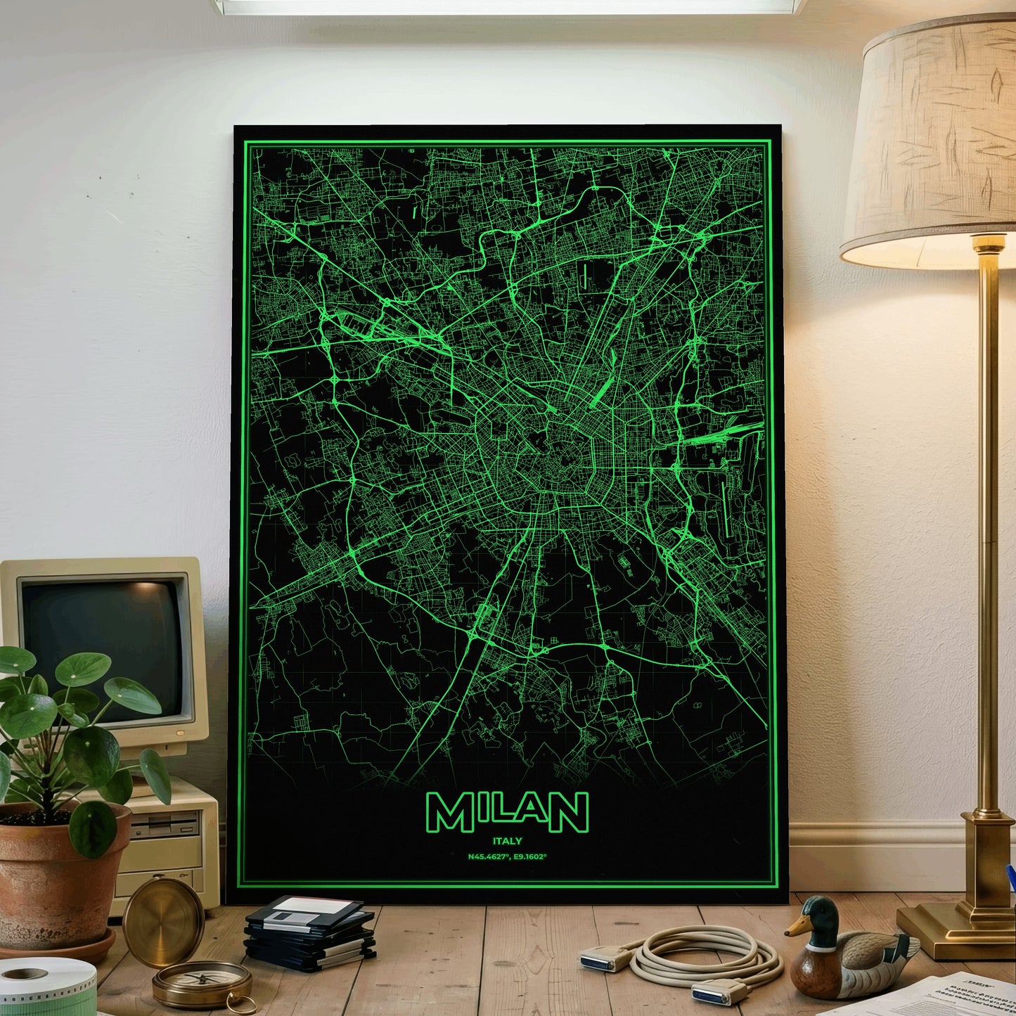 Milan Phosphor Map Poster - Phosphor Green