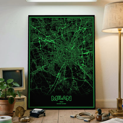Milan Phosphor Map Poster - Phosphor Green