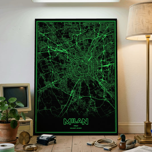 Milan Phosphor Map Poster - Phosphor Green
