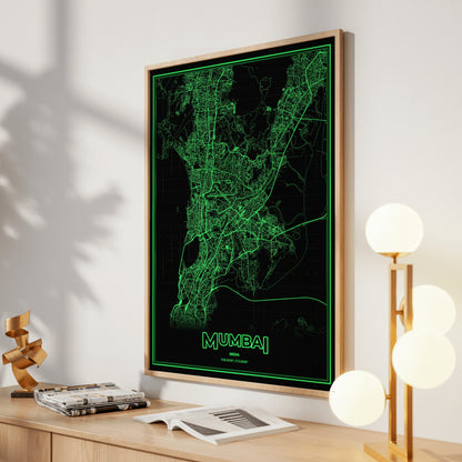 Mumbai Phosphor Map Poster - Phosphor Green