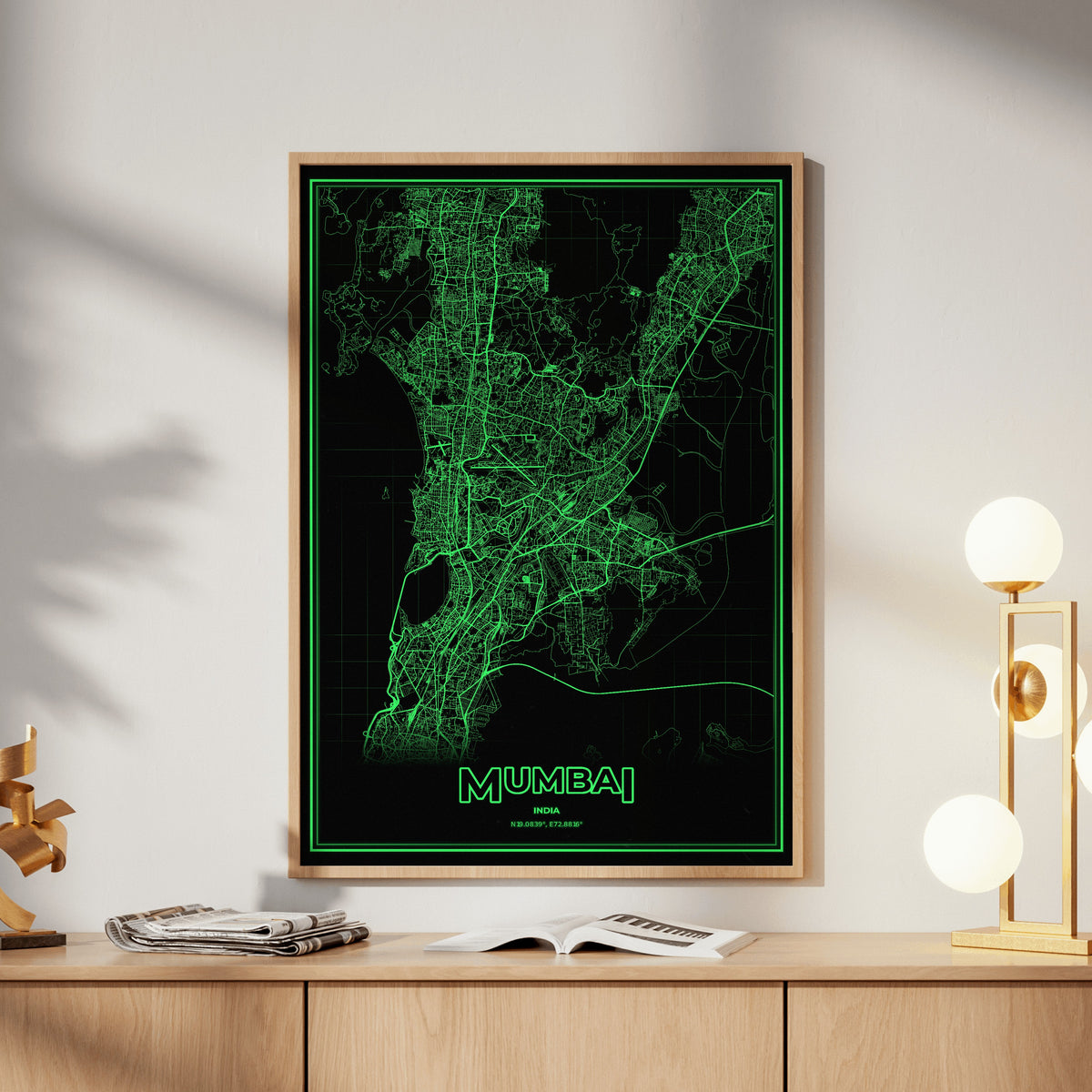 Mumbai Phosphor Map Poster - Phosphor Green