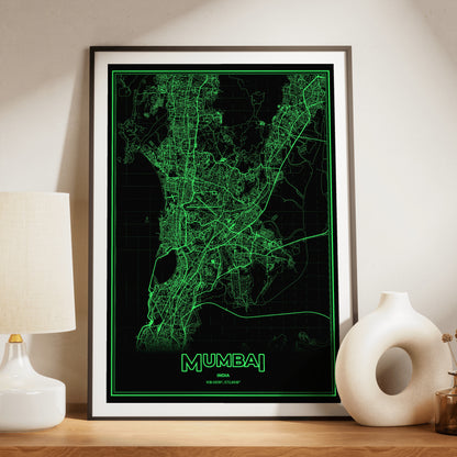 Mumbai Phosphor Map Poster - Phosphor Green