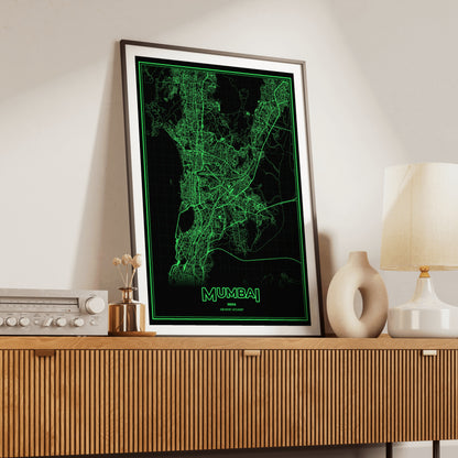 Mumbai Phosphor Map Poster - Phosphor Green