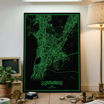 Mumbai Phosphor Map Poster - Phosphor Green