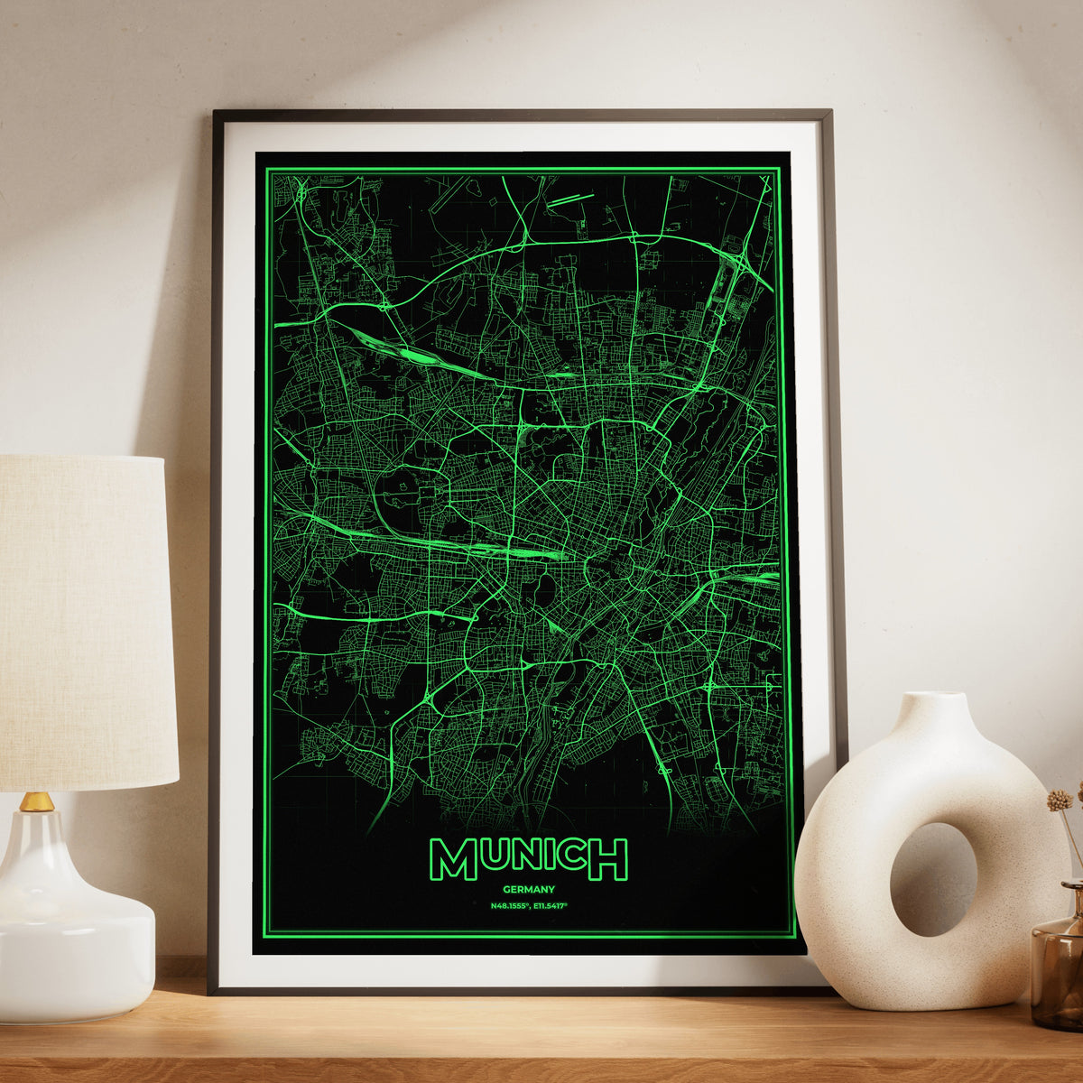 Munich Phosphor Map Poster - Phosphor Green