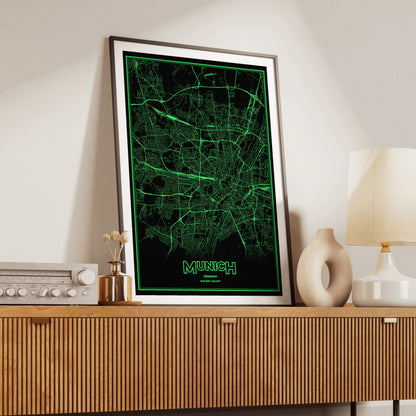 Munich Phosphor Map Poster - Phosphor Green
