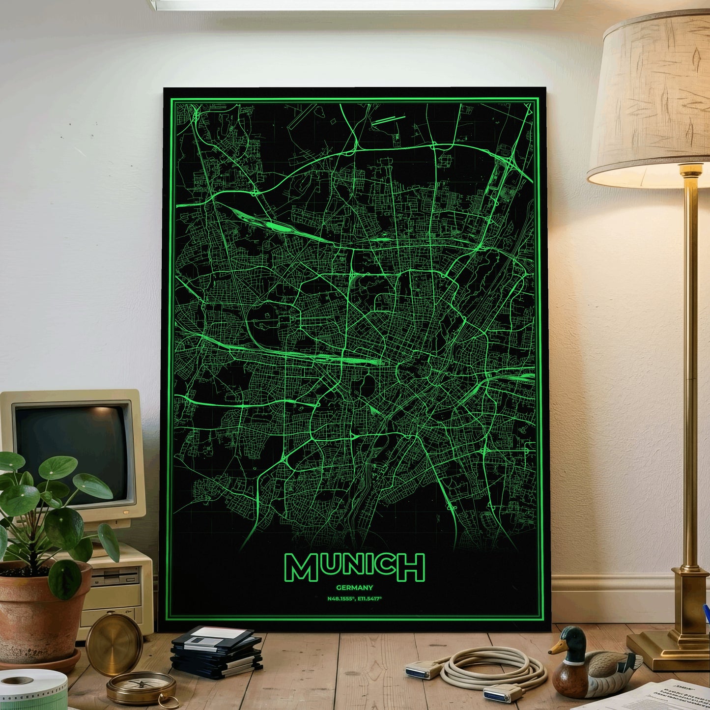 Munich Phosphor Map Poster - Phosphor Green