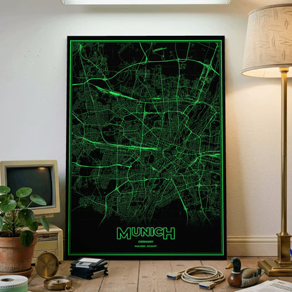 Munich Phosphor Map Poster - Phosphor Green