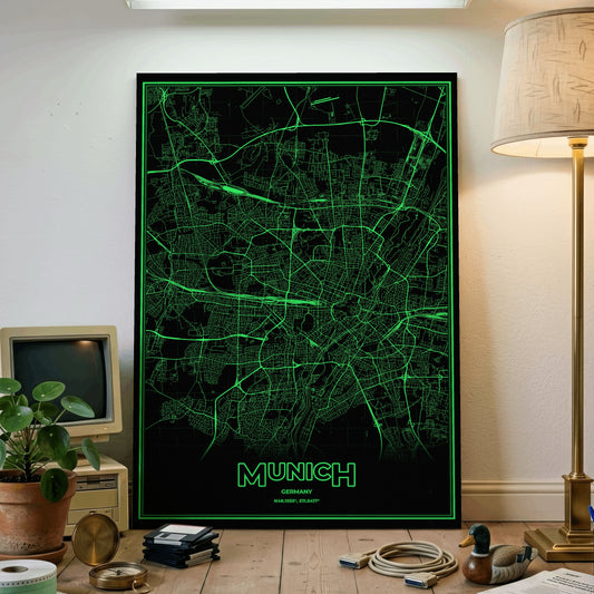 Munich Phosphor Map Poster - Phosphor Green