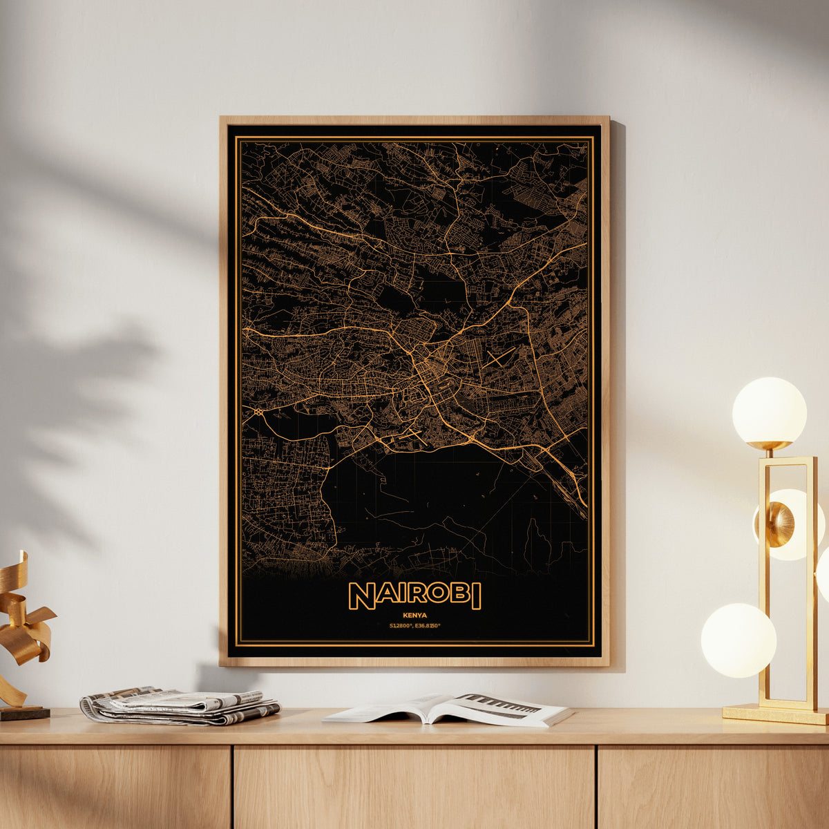 Nairobi Phosphor Map Poster - Amber CRT