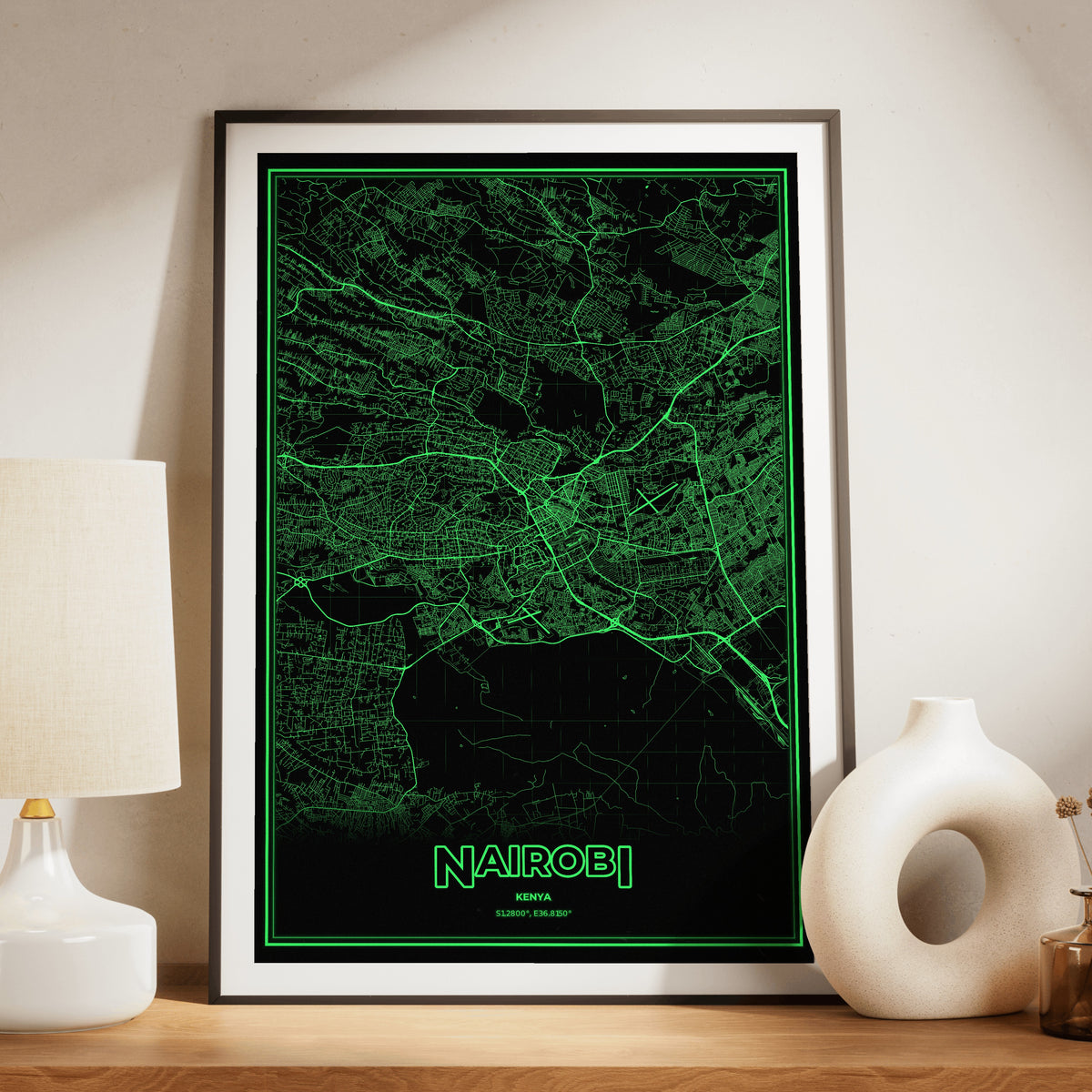 Nairobi Phosphor Map Poster - Phosphor Green
