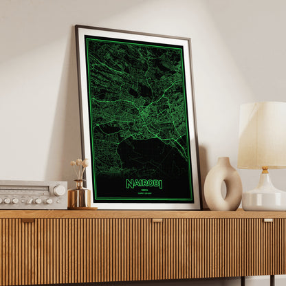 Nairobi Phosphor Map Poster - Phosphor Green