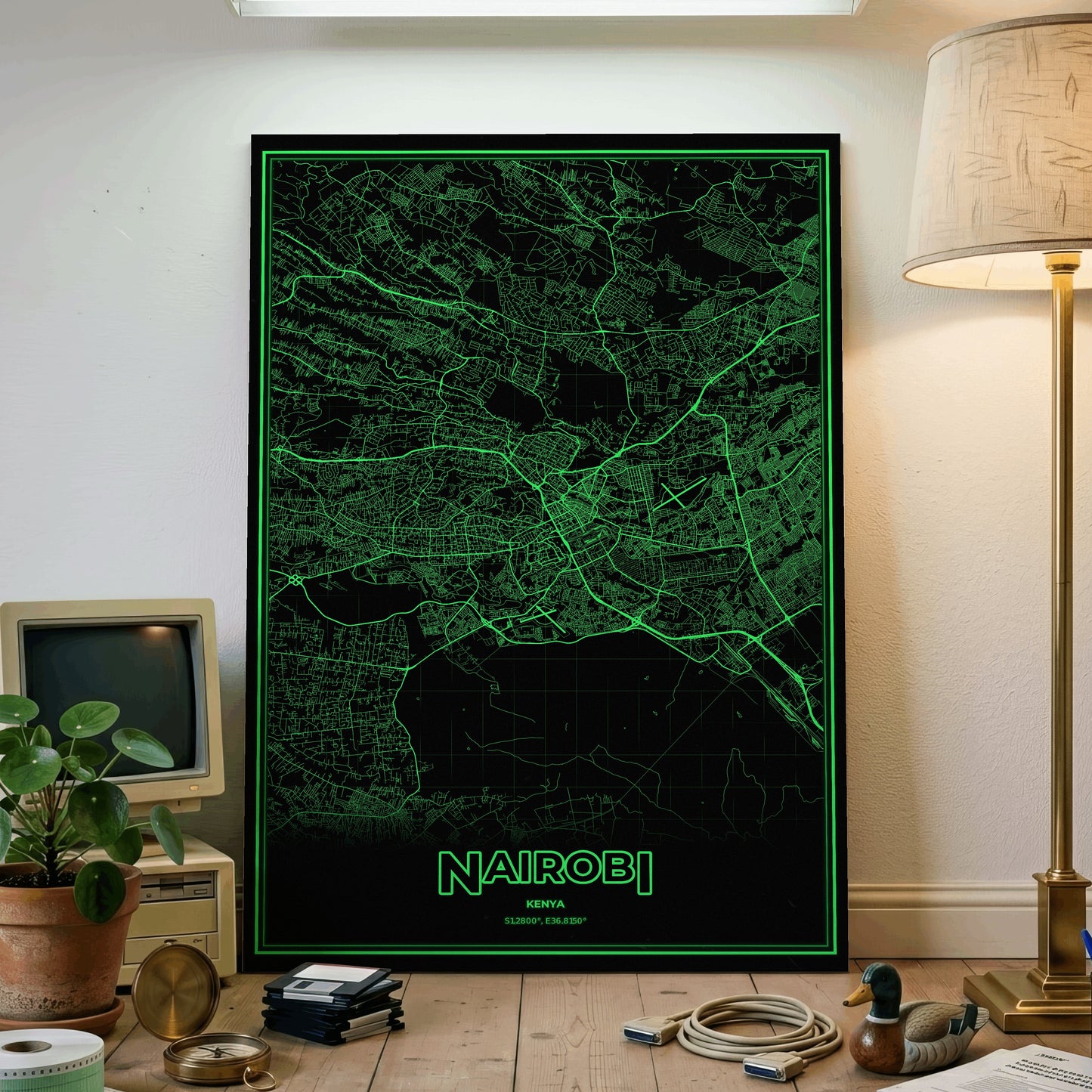 Nairobi Phosphor Map Poster - Phosphor Green